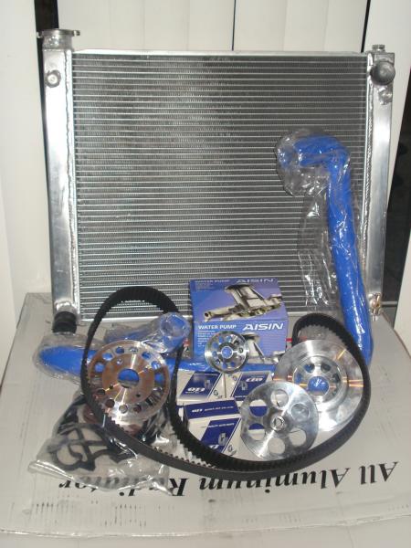 timing belt kit,w/p, light weight pulleys, silicone hoses, and 3 core radiator.